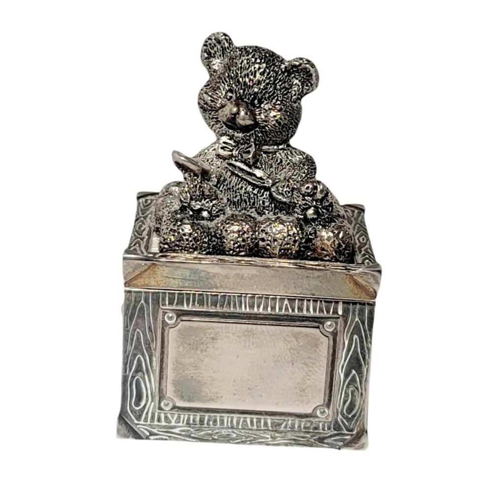 Morgan Vintage Silver Plated Teddy Bear Keepsake Trinket Ring Box 2.5" Tall